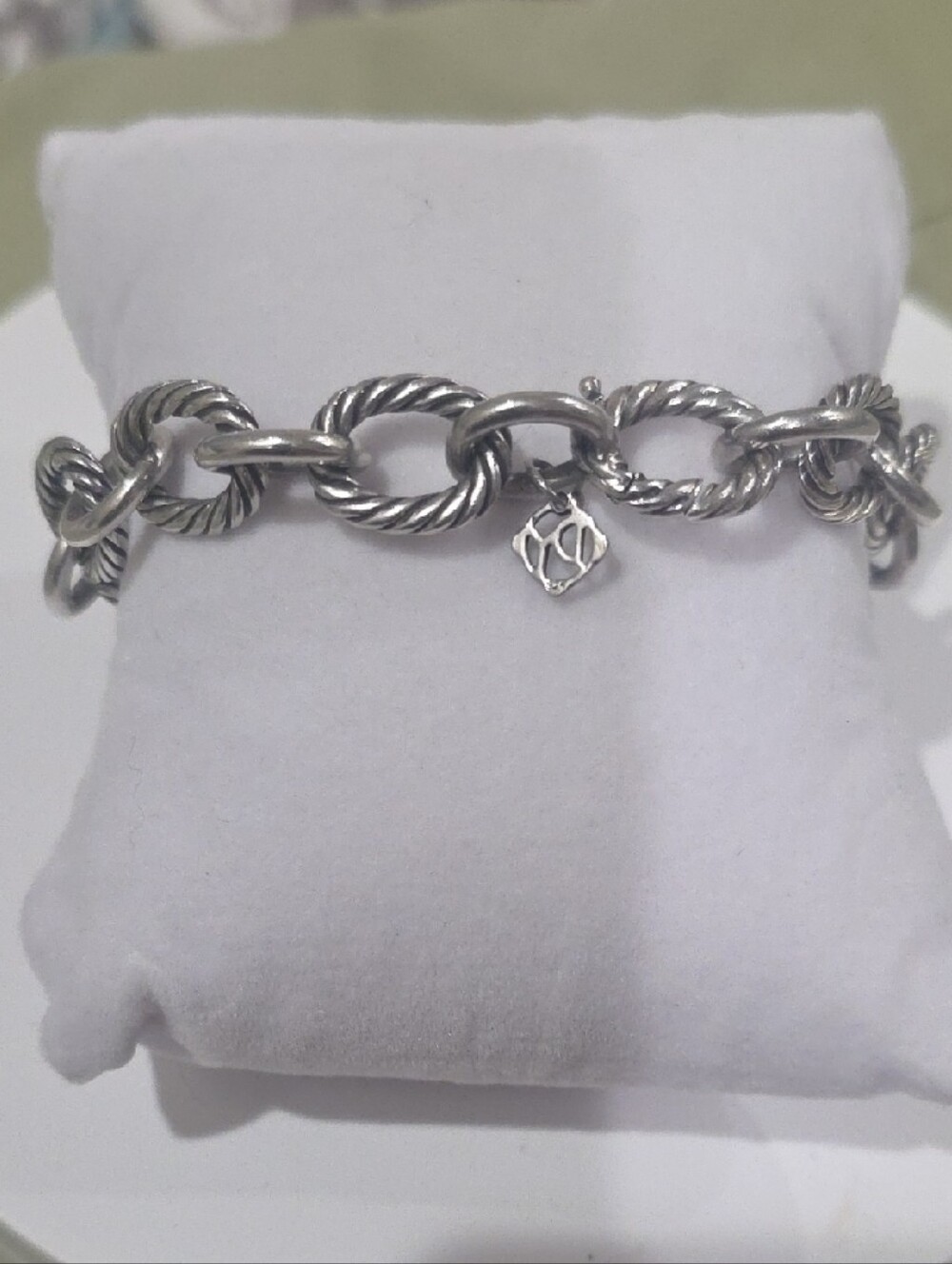 David Yurman Sterling Silver Rope Link Charm Bracelet - Brocken Clasp. Size L